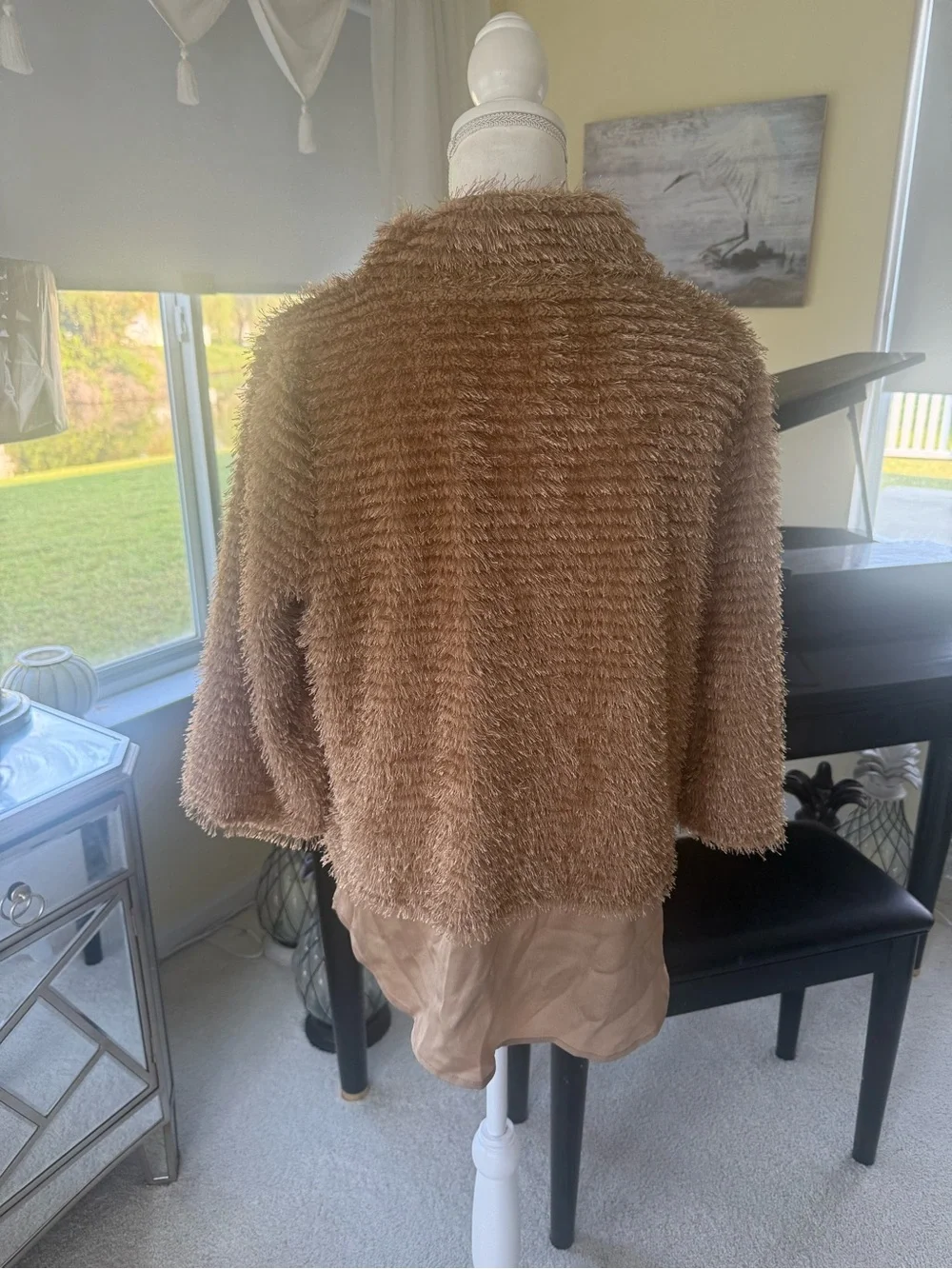 Vince Camuto tan brown textured eyelash knit, fluffy cowl neck tunic sweater